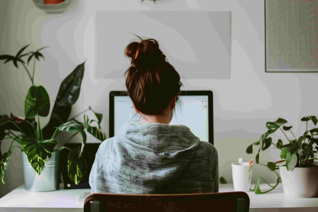 A woman in front of her computer with plants on the table.